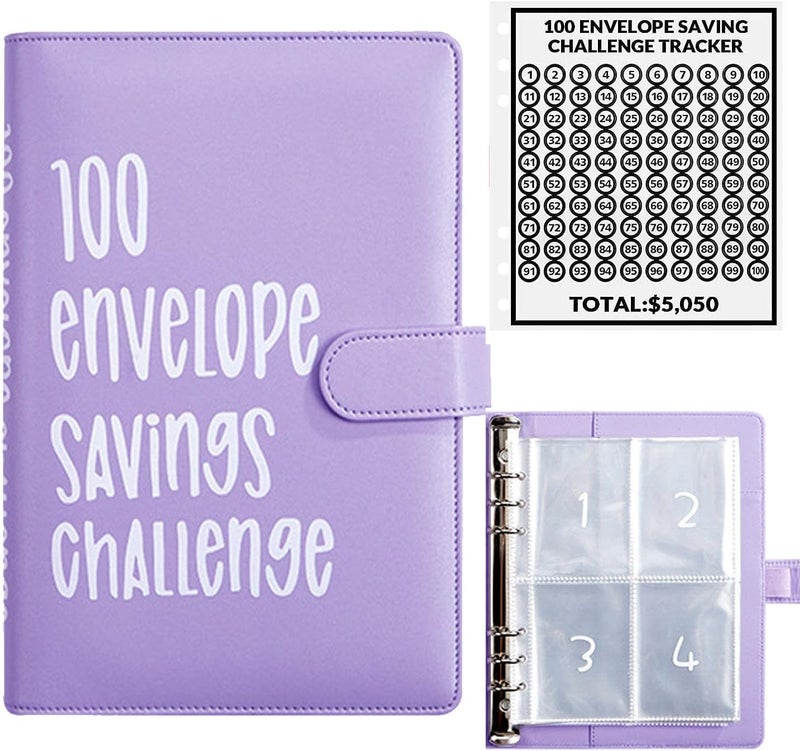 AASLOB 100 Envelopes Money Saving Challenge, 100 Envelope Challenge Binder, Easy and Fun Way to Save $5,050, Savings Challenges Budget Book Binder with Cash Envelopes for Office,Home,School (Purple) - Image 1
